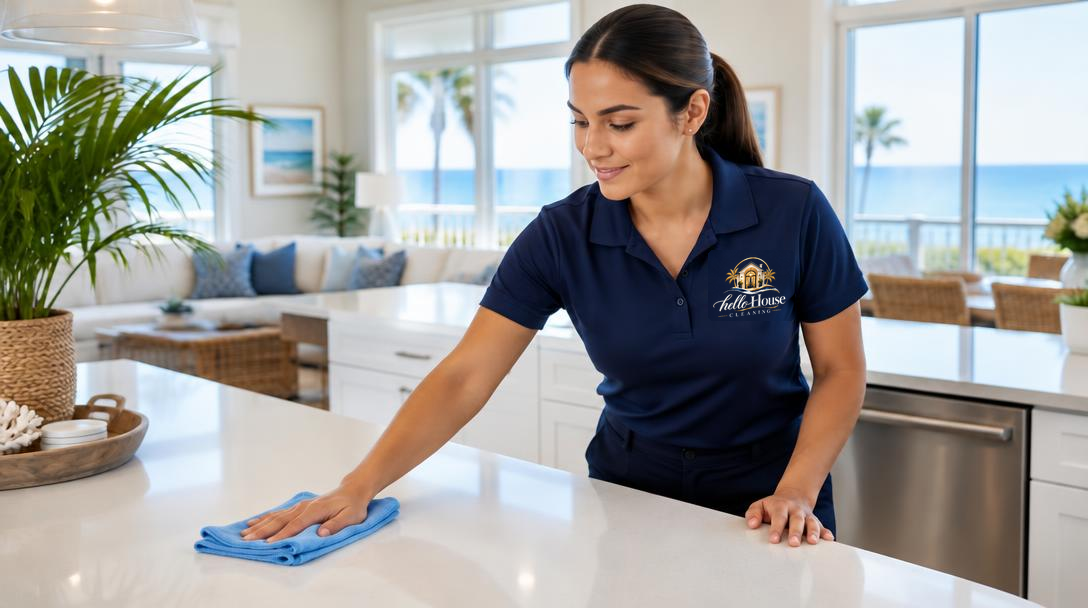 Cleaner wiping a kitchen counter in a coastal home