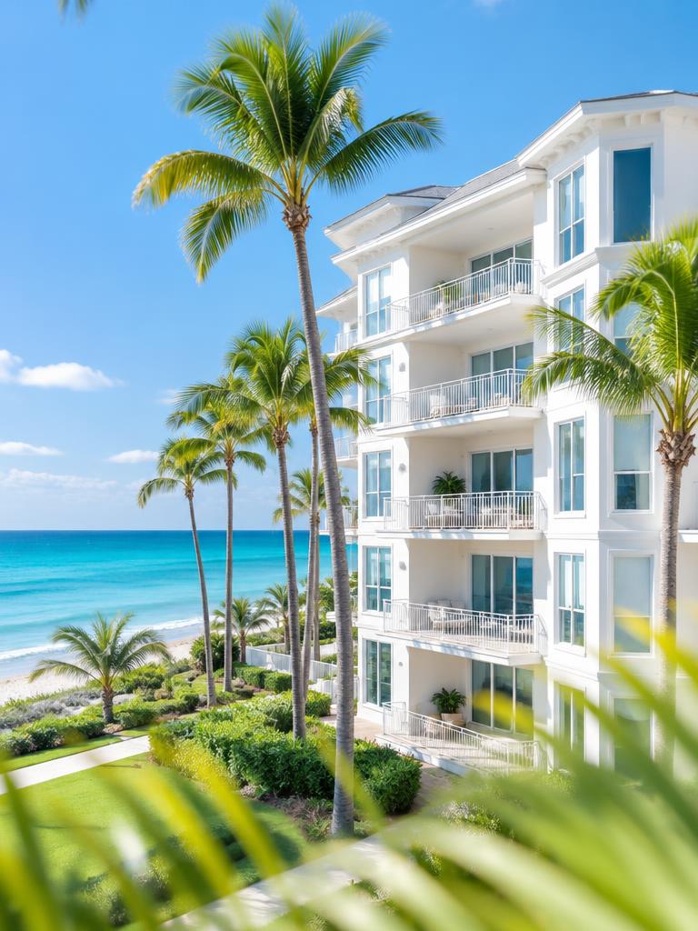 White coastal condominium with palm trees and ocean view